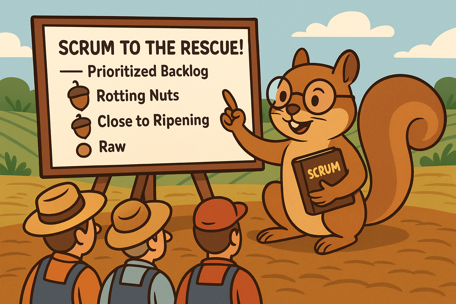 Mr. Squirrel teaching SCRUM to the farmers - Prioritized Backlog with Rotting Nuts, Close to Ripening, and Raw